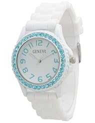 Womens Geneva White Silicone Watch with Turquoise Blue Stones Rubber Jelly with CZ Crystal Rhinestones Face Bling Bezel