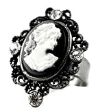 Beautiful Black/White Cameo Woman Fashion Ring with Ice Crystal Accents Antique Silver Tone Comes Gift Boxed