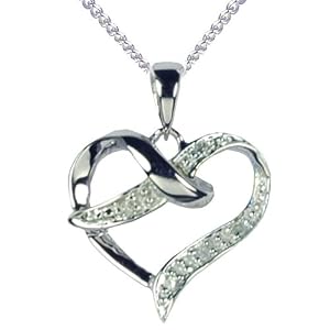 9ct White Gold Diamond Set Crossover Heart Pendant with 46cm Curb Chain
