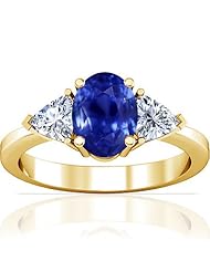 14K Yellow Gold Oval Cut Blue Sapphire Three Stone Ring