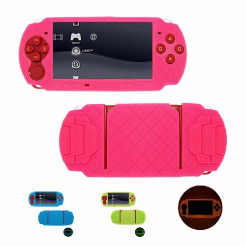 PINK GLOW in DARK Sony Playstation Portable PSP Slim 3000 Cross Pattern Anti-Slip Silicone Case Skin Protector Cover+ Free Screen Protector (Many Colors Available)