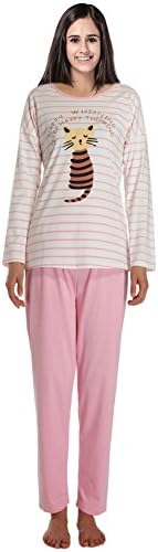 Sanfeya Women's Cozy Cute Cat Striped Sleepwear Pajamas Set (Pink, XL)