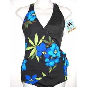 END OF SUMMER SALE Plus Size Wrap Front 1 PC Swimsuit Black/Floral Print (Click for more colors)