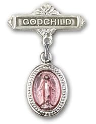 Sterling Silver Baby Badge with Pink Miraculous Charm and Godchild Badge Pin