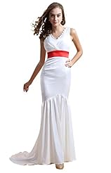 V-neck Sleeveless Satin Draped Lace Mermaid Evening Dress/Prom Dress/Party Dress/Wedding Dress  with a Brush/Sweep Train  With a Sash 