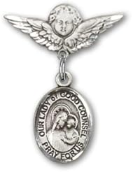 Sterling Silver Baby Badge with Our Lady of Good Counsel Charm and Angel with Wings Badge Pin