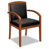 BasyxTM Leather/Wood Guest Chair, Black Leather Upholstery w/Cherry Veneer Frame