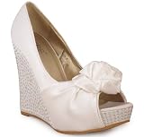NEW LADIES WOMENS IVORY HIGH HEEL DIAMANTE BRIDAL PEEPTOE PLATFORM WEDGE SHOES 3-8