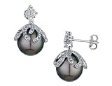 Black Tahitian South Sea Pearl Drop Earrings 11-12mm with diamonds in 18K White Gold