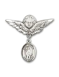 Sterling Silver Baby Badge with St. Amelia Charm and Angel with Wings Badge Pin