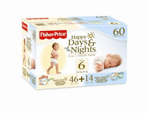 Fisher-Price Happy Days & Happy Nights Baby Diapers Value Pack, Size 6, 60 Count