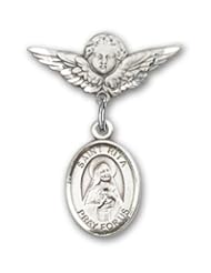 Sterling Silver Baby Badge with St. Rita of Cascia Charm and Angel with Wings Badge Pin