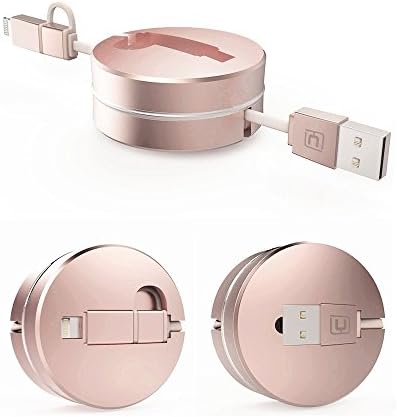 Ourdevice USB Cable, Retractable 2 in 1 Universal USB Charger Cable for iPhone 6 / 6s Plus, 5 / 5S / 5C / SE, iPad Mini, Galaxy S7 Edge, S6, S5, Note 4 5, all Android and Tablets (Rose Gold)