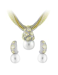 Two Tone Sterling Silver Syn. Pearl Set with CZ & Sand Finish (Chain Not Included)