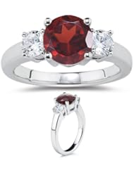 0.20 Cts Diamond & 2.34 Cts Garnet Three Stone Ring in 14K White Gold