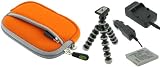 4n1 - Neoprene (Orange) Sleeve Case / NP-BK1 AC DC Charger / Battery / Tripod for Sony Cybershot DSC-W180 Digital Camera Red