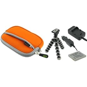 4n1 - Neoprene (Orange) Sleeve Case / LI-40B LI-42B AC DC Charger / Battery / Tripod for Olympus Stylus 7010 Digital Camera Silver