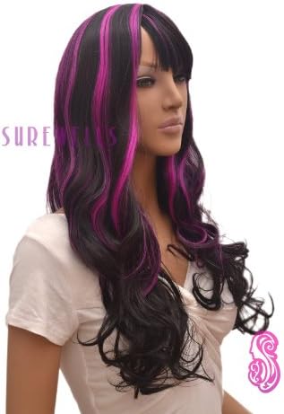 Two Tone Fluffy Healthy Curly Full Wig As Real Hair Black mixed Purple Wigs