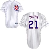 MLB Men's Chicago Cubs Tyler Colvin White/Royal Pinstrp Home Short Sleeve 6 Button Synthetic Replica Baseball Jersey (White/Royal Pinstrp, XX-Large)