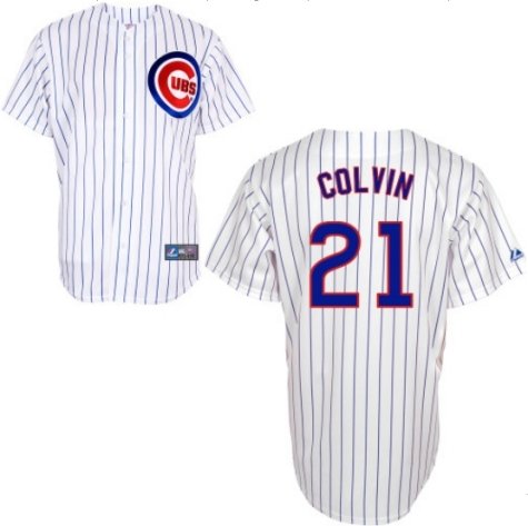 MLB Men's Chicago Cubs Tyler Colvin White/Royal Pinstrp Home Short Sleeve 6 Button Synthetic Replica Baseball Jersey (White/Royal Pinstrp, Medium)
