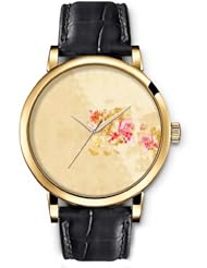 SPRAWL Aanalog Fashion Series Gold Ladies Watches of Genuine Black Leather Strap,Unique Wrist Watch for Women Girls Designed with Border of pink flowers