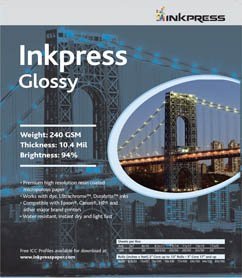 Inkpress Glossy, Single Sided Gloss Surface Inkjet Paper, 240gsm, 10.4 mil, 8.5x11", 30 Sheets