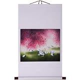 Hand-Painted 36 Oriental Wall Art Scroll - Cranes Under Cherry Blossoms With White Border