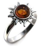 Certified Genuine Honey Amber and Sterling Silver Flaming Sun Ring