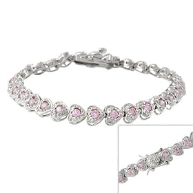 Sterling Silver Pink CZ Heart Tennis Bracelet by 