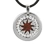 Stainless Steel Natural Redwood Cubic Zirconia Spike Wheel Medallion Pendant w. Rubber Cord Necklace