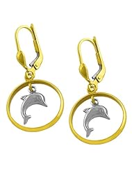 14 Karat Two-tone Gold Dolphin/ Ring Leverback Dangle Earrings