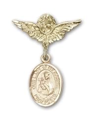 14K Gold Baby Badge with Our Lady of Mount Carmel Charm and Angel with Wings Badge Pin
