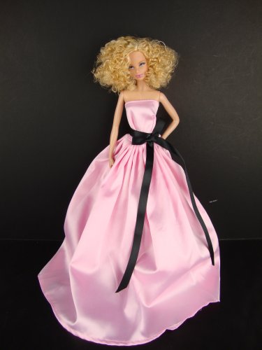 Pink Satin Gown with Black Bow At the Waist Made to Fit the Barbie Doll