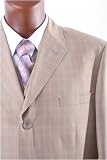 Men's Superior 150's Single Breasted 3 Button Tan Windowpane Vested Dress Suit with Wide Leg Pants