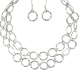 Two Row Hammered Silvertone Ring Link Necklace and Earrings Set Fashion Jewelry