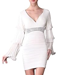 V-neck Empire   Waistline Bell Sleeves Chiffon Cutout Ruched Beaded Bodycon Dress/Mini Dress 