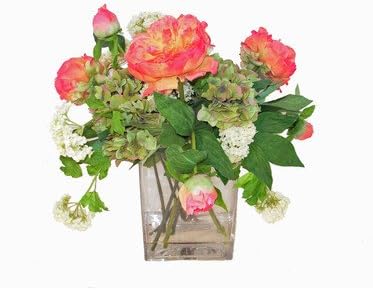 Faux Pink Peonies and Snowballs in Glass Vase