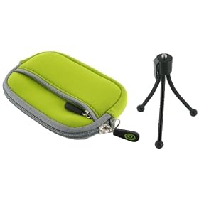 Sleeve Case (Neon Green) and Tripod for Fujifilm FinePix Z33WP Waterproof Digital Camera Black