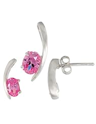Sterling Silver Fancy Kink Earrings (12mm tall) & Pendant (16mm tall) Set, w/ Oval Cut Pink Tourmaline-colored CZ Stones