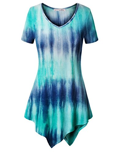 Messic Womens Short Sleeve V Neck Handkerchief Hem Tie Dye Tunic Top