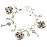 Silver Tone Marcasite Key & Heart Charms Toggle Bracelet Fashion Jewelry