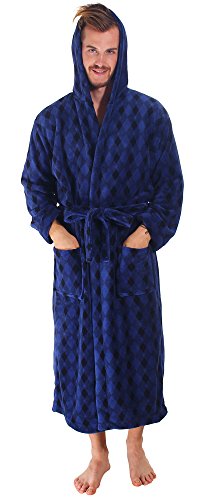 Simplicity Men's Plush Warm Long Hooded Bathrobe Kimono Robe, Blue/Black