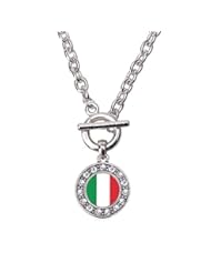 Jewelry: Inspired Silver Italian Flag Circle Charm Toggle Necklace Clear Crystal Rhinestones - Inspired Silver