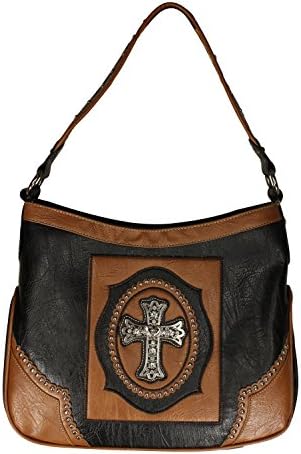 Western Themed Cross and Rhinestone Accented Handbag - 10 Inch Drop Length Purse (Black &amp; Tan)