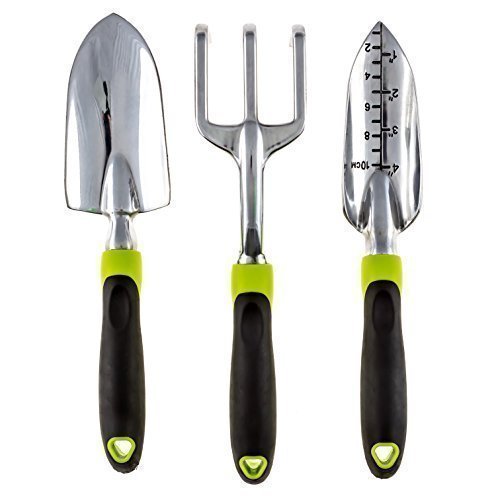 3-Piece Gardening Tools Set (Rake, Trowel and Planter) - Home Garden & Lawn Care Equipment - Fit Most Tool Bags and Belts - Great for Men, Women & Seniors - Rust Resistant