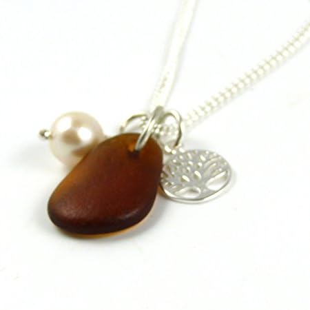 1 Chocolate Brown Sea Glass, Sterling Silver Tree of Life Charm and Freshwater Pearl Necklace. This is a one-of-a-kind necklace!.