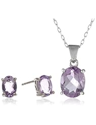 Sterling Silver Oval Amethyst Pendant Necklace and Earrings Set, 18"