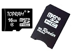 TOPRAM 16GB 16G microSD microSDHC Card Class 4 with Memory Stick Pro Duo Adapter