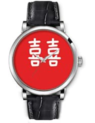 SPRAWL Aanalog Fashion Series Silver Ladies Watches of Genuine Black Leather Strap,Unique Wrist Watch for Women Girls Designed with Chinese characters on red background , happiness