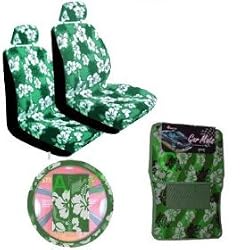 11 Piece Hawaiian Auto Interior Gift Set - Green Hawaii Hibiscus Floral print : 2 Low Back Seat Cover, 2 Headrest Cover, Steering Wheel Cover, 2 Shoulder Harness Pressure Relief Cover, 2 Front Floor Mat and 2 Rear Floor Mat - Green